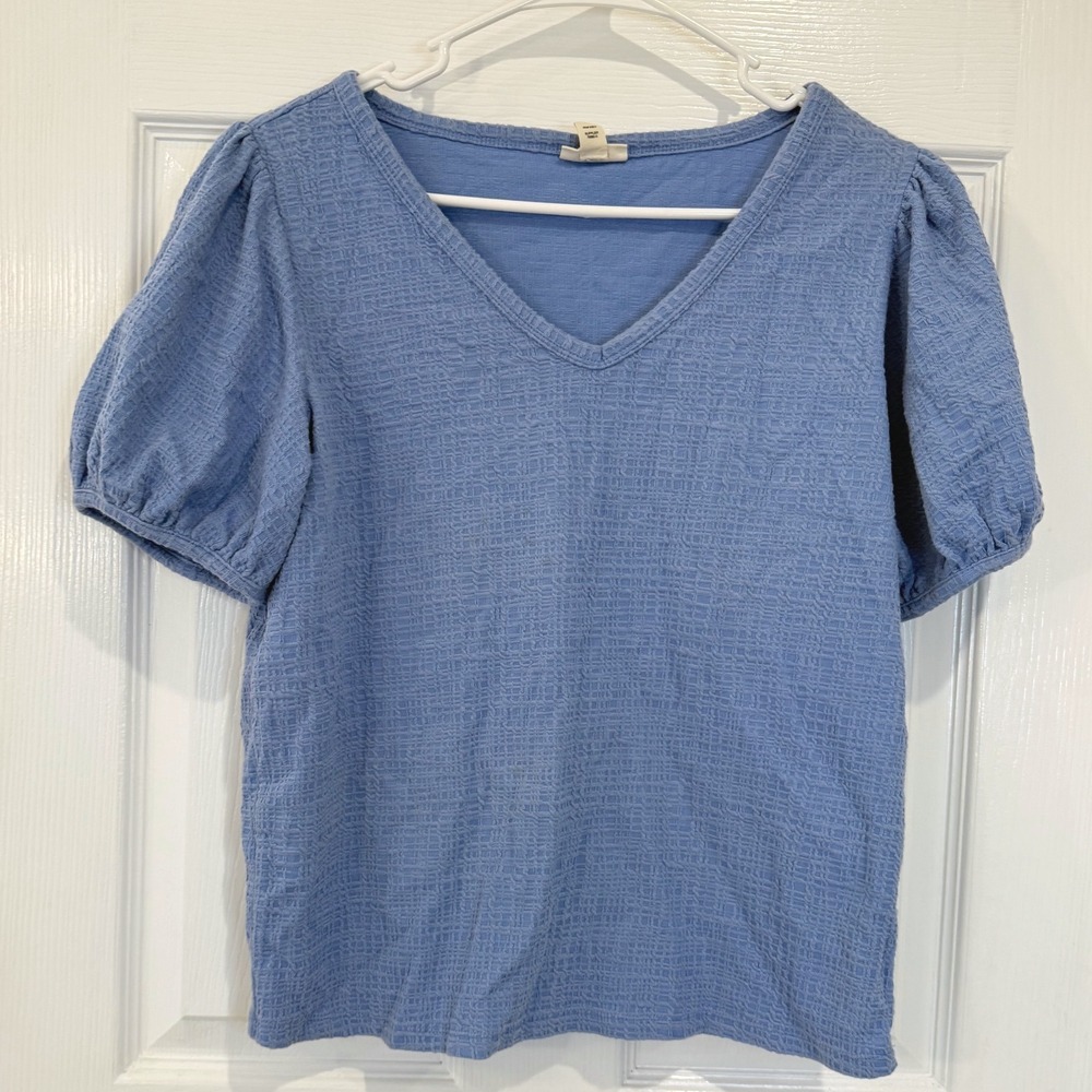 ANA a new approach Womens Top Medium Blue‎ Puff Sleeve V Neck Textured